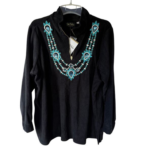 NEW! Bob Mackie Black Fleece Acqua Rhinestone half zip up size 2X - Picture 1 of 12